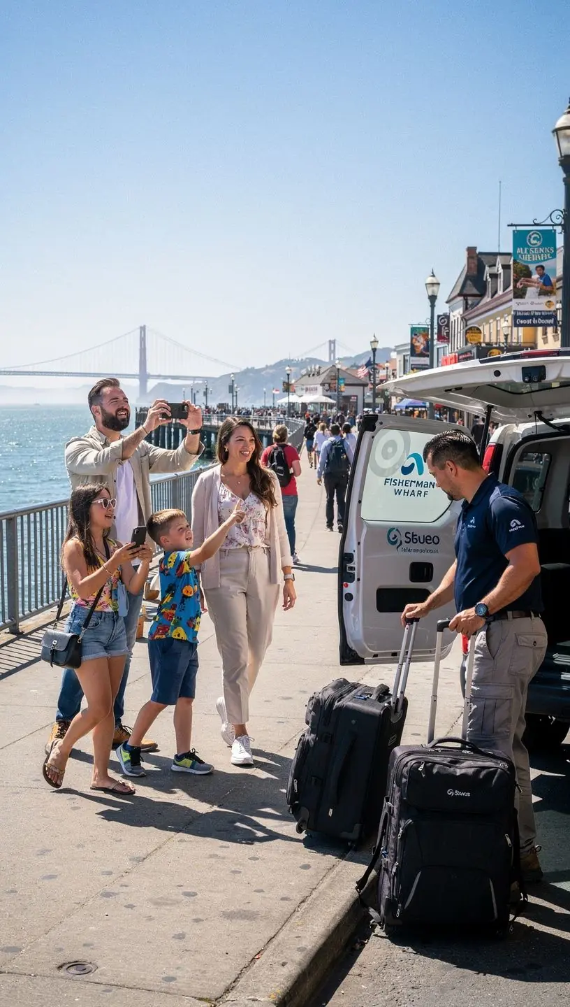 Водитель службы доставки загружает багаж в электромобиль для экологичной перевозки