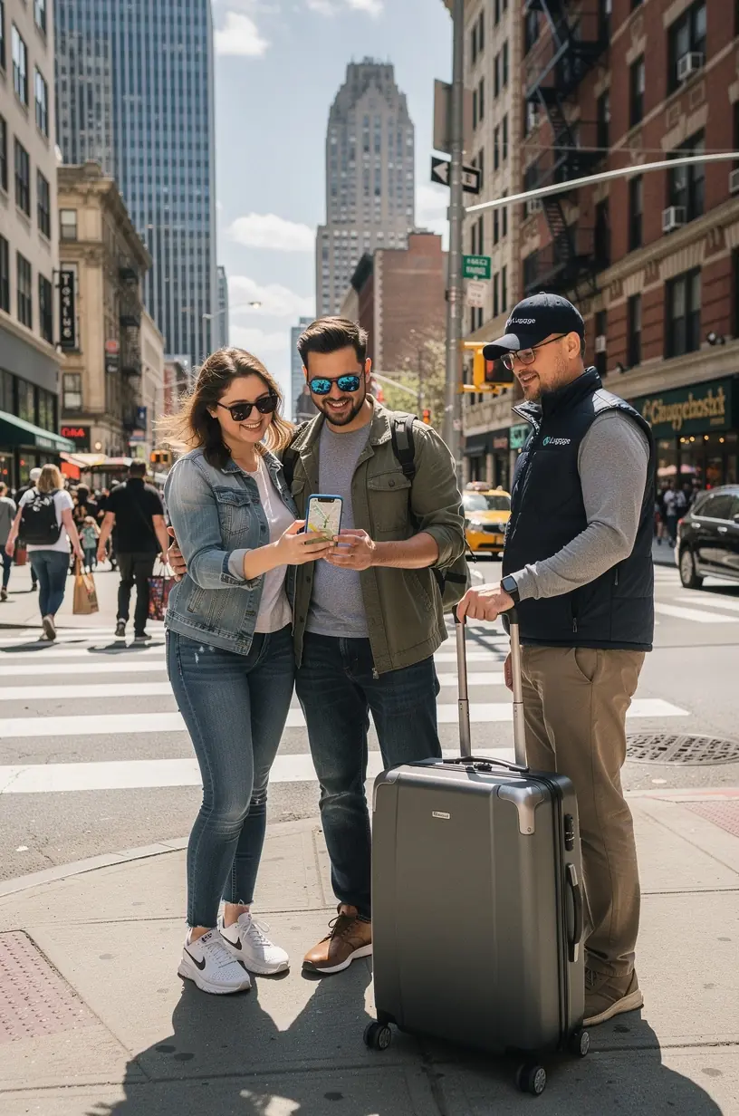 Путешественник в центре города США с багажом, переданным службой бесперебойной доставки